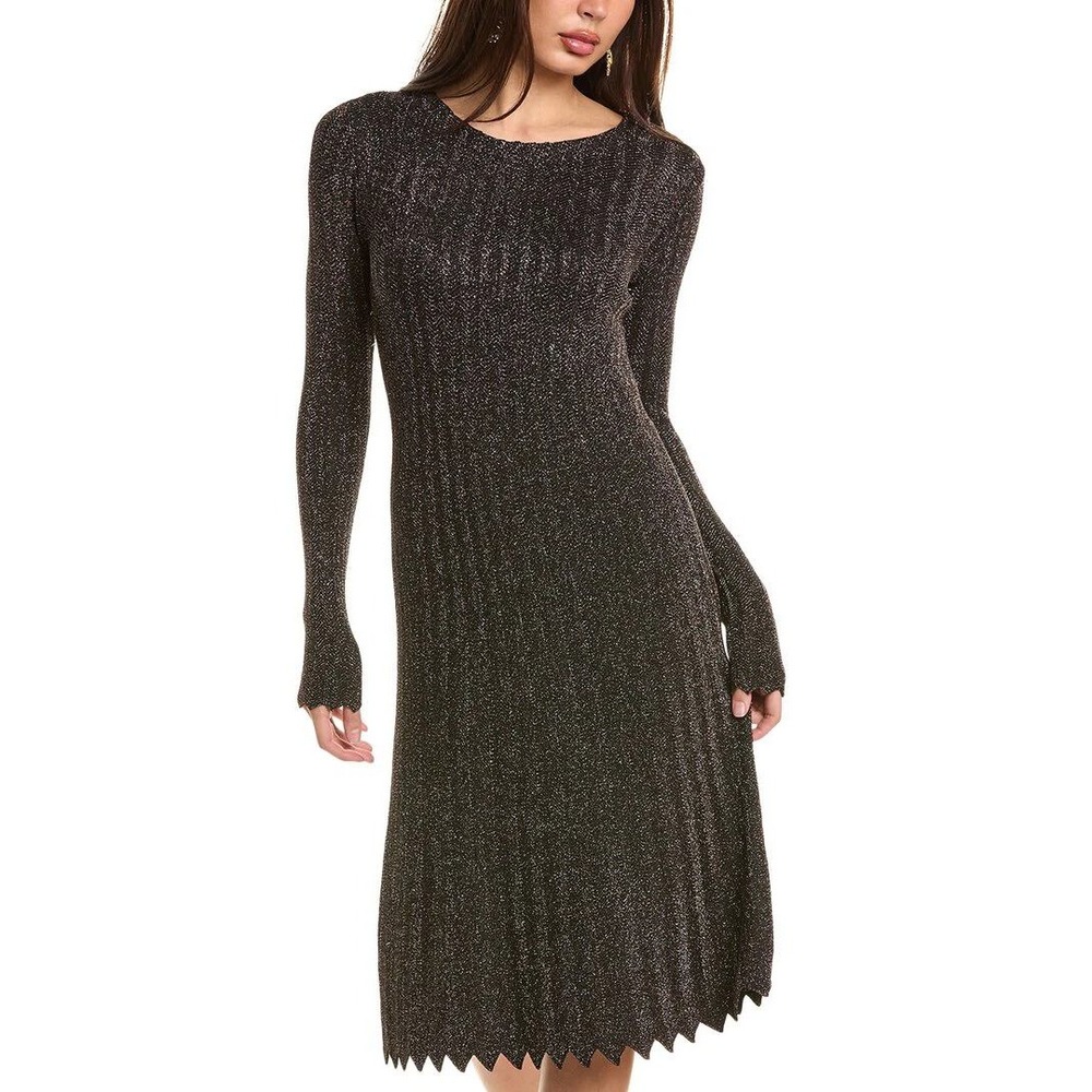 NWT ELIE TAHARI Cherith Ribbed Shimmer Midi‎ Dress Sparkle Pleated Metallic Gold